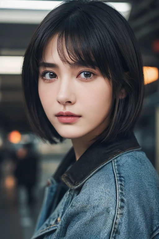 (award winning, 8k, super detailed, high resolution, best quality, photography, portrait), 1girl, solo, beautiful girl, beautiful eyes, detailed eyes, (black eye), jean coat, (short hair), black hair, at train station, POV, ((upper body))