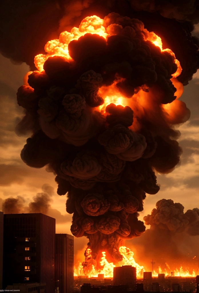 best quality, (wide shot), CGSsociety, 8K, ultra-realistic, masterpiece, nuclear explosion in a Large city ruined buildings, fire, debris