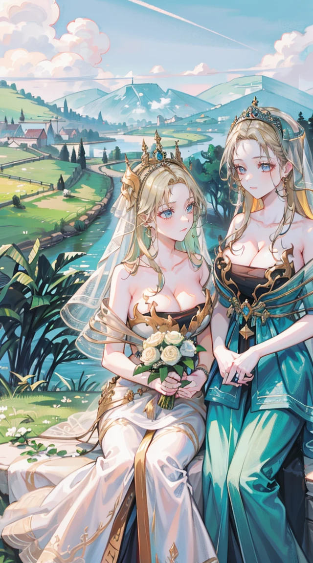 beautiful woman，Folk Girl，blonde with blue eyes，Twist，Wear a strapless wedding dress with no straps.，countryside，countryside，beautiful scenery，European Middle Ages，smile with teeth，forehead，forehead exposed，big tits，rift, (2 young women ,beautiful woman)