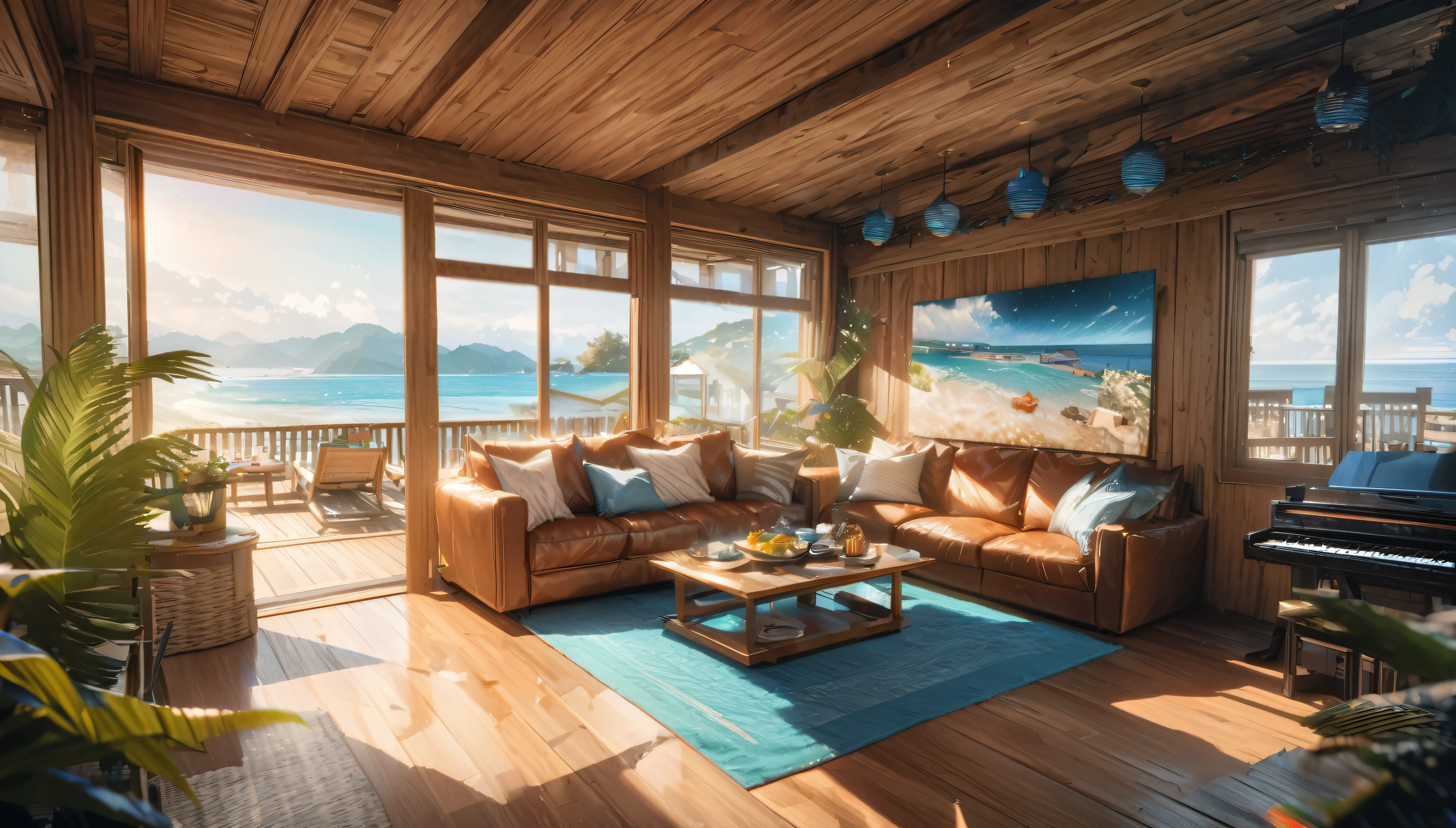 Holiday Homes, Large windows and beautiful views,Wooden Lodge,Inside the room,Blur the background,Pleasant sea breeze,Glitter effect,Highest quality, 8K, High resolution, masterpiece:1.2, Very detailed, Realistic:1.37, High resolution, 超High resolution, Ultra-fine painting, Very detailed, Professional, Vibrant colors