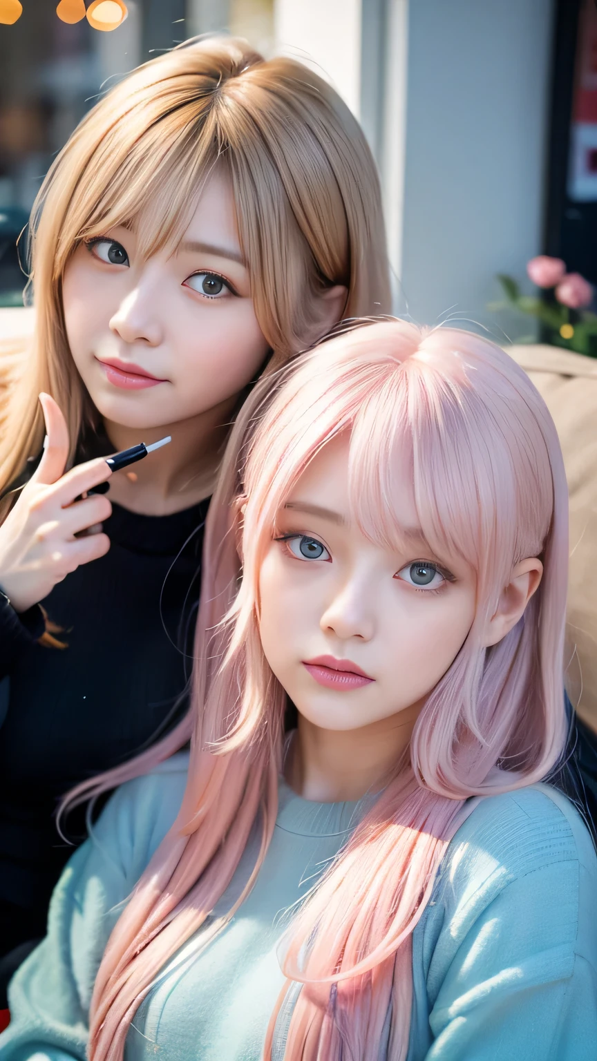 Ai Hoshino, beige pink hair, Blue Hair,Long Hair, favorite , beautiful, Shining Eyes, stars are reflected in my eyes, Idol, ２By people, 2 girls, Long pink hair