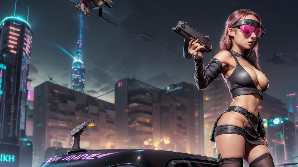 (((aerial view))) of futuristic city, hologram neon buildings, (((futuristic flying cars))) and futuristic cars, Surreal cyberpunk city, in a Future cyberpunk city, 3d rendering Beeple, at night. large-breast photorealistic slim sexy woman, (((breast cleavage))), perfect face, tank top, (((((((miniskirt, black sunglasses, pistol shooting pose))))))), standing, leaning forward, (((((half-body thigh level medium shot))))).