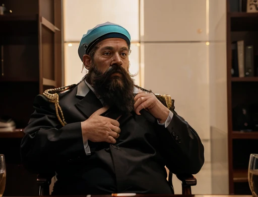 (((Fotografia de corpo inteiro fotografia de Corpo completo The general orders an immediate exploration of the planet he has a large voluminous white beard he has a general hat on his head he wears a modern uniform))), he gestures with his hands to the spectators he is plump and chubby extremely thick thighs large belly fat age 65, he holds a mug of hot coffee , ambience: dentro de uma nave. Full body photography Full body photography different angles of the image.