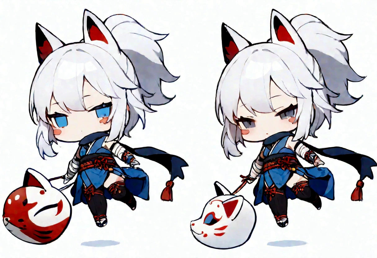 solo、1 person、whole body、Fall down、sleep、sleep、Stickers、White Gauntlet、chibi,No sleeve、Bleaching、(masterpiece, best quality:1.2), 1girl, 独奏,Wolf girl, fox mask, ninja, girl, white hair, odd eyes, blue kimono, ninja girl, red and blue scarf,Chibi Character、White background, fantastic atmosphere.White background、、Black fox mask、Fisheye Lens、hair、Bandage on chest、boy、Black fox mask、Blue Bondage