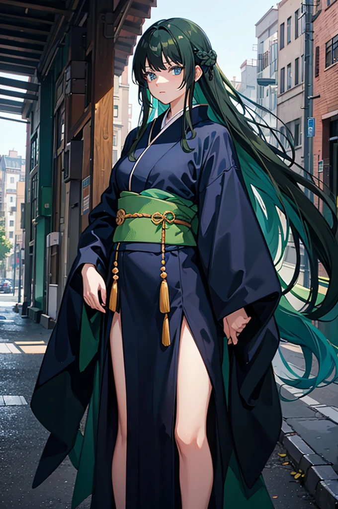 1woman, dark green hair, long hair, blue eyes, kimono, standing on ground, high res, ultra sharp, 8K, masterpiece