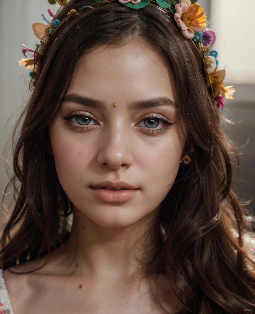 cinematic detailed portrait of a girl with beautiful detailed eyes, beautiful detailed lips, extremely detailed face, long eyelashes, wearing a colorful floral headpiece, elegant expression, delicate features, soft lighting, cinematic composition, dreamlike atmosphere, vibrant colors, high quality, photorealistic, 8k, masterpiece