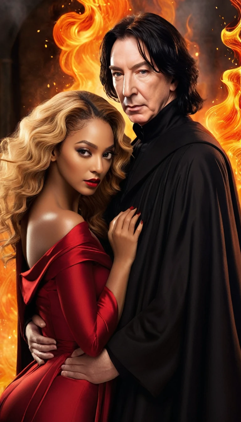 
- Scene: Create an image of two people in love in a setting of mystery and passion.
  
- Woman's Appearance:
  - Resembles Beyoncé
  - Brown skin
  - Long, golden blonde curly hair
  - Confident and seductive expression
  - Wearing a red dress, elegant and form-fitting
  - Lips painted a deep, intense red

- Man's Appearance:
  - Resembles Severus Snape (Alan Rickman)
  - Pale skin
  - Large nose
  - Black, straight hair falling around his face in a somber manner
  - Serious and intense expression
  - Wearing a black cloak, contrasting with the flames around them

- Atmosphere:
  - Surrounded by flames, creating a mystical and fiery ambiance
  - Soft lighting highlighting their faces, enhancing the sparkle in their eyes
  - Flames adding an element of intensity and mystery to the scene
  - They are close to each other, gazing intensely into each other's eyes, exuding a strong emotional connection
