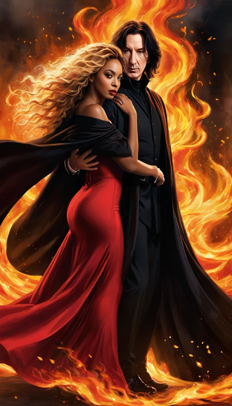 - Scene: Create an image of two people in love in a setting of mystery and passion.
- Woman's Appearance:
- Resembles Beyoncé
- Brown skin
- Long, golden blonde curly hair
- Confident and seductive expression
- Wearing a red dress, elegant and form-fitting
- Lips painted a deep, intense red
- Man's Appearance:
- Resembles Severus Snape
- Pale skin
- Large nose
- Black, straight hair falling around his face in a somber manner
- Serious and intense expression
- Wearing a black cloak, contrasting with the flames around them
- Atmosphere:
- Surrounded by flames, creating a mystical and fiery ambiance
- Soft lighting highlighting their faces, enhancing the sparkle in their eyes
- Flames adding an element of intensity and mystery to the scene
- They are close to each other, gazing intensely into each other's eyes, exuding a strong emotional connection
