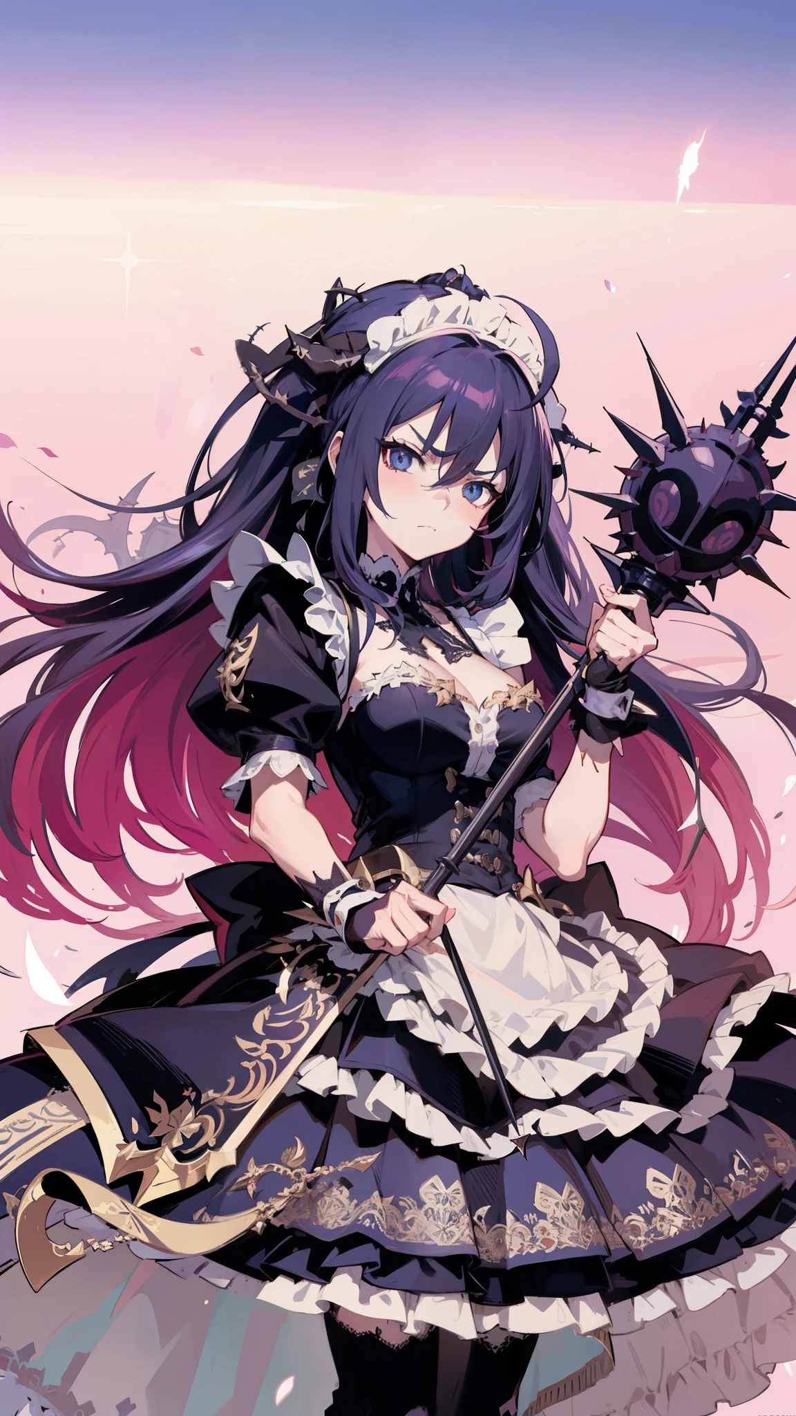 A fierce warrior dons a maid’s attire, an unexpected juxtaposition. She wields a spiked mace adorned with wicked thorns, her expression determined. The camera captures her from the waist up, emphasizing the contrast between delicate lace and deadly weaponry, abasterpiece)), ((best quality)), ultra detailed,((illustration)), dynamic angle, detailed light, (delicate eyes), (ahoge:0.8),apathy, ray,frontage,style of anime4 k, 4k anime wallpaper, badass anime 8 k, 4 k comic wallpaper