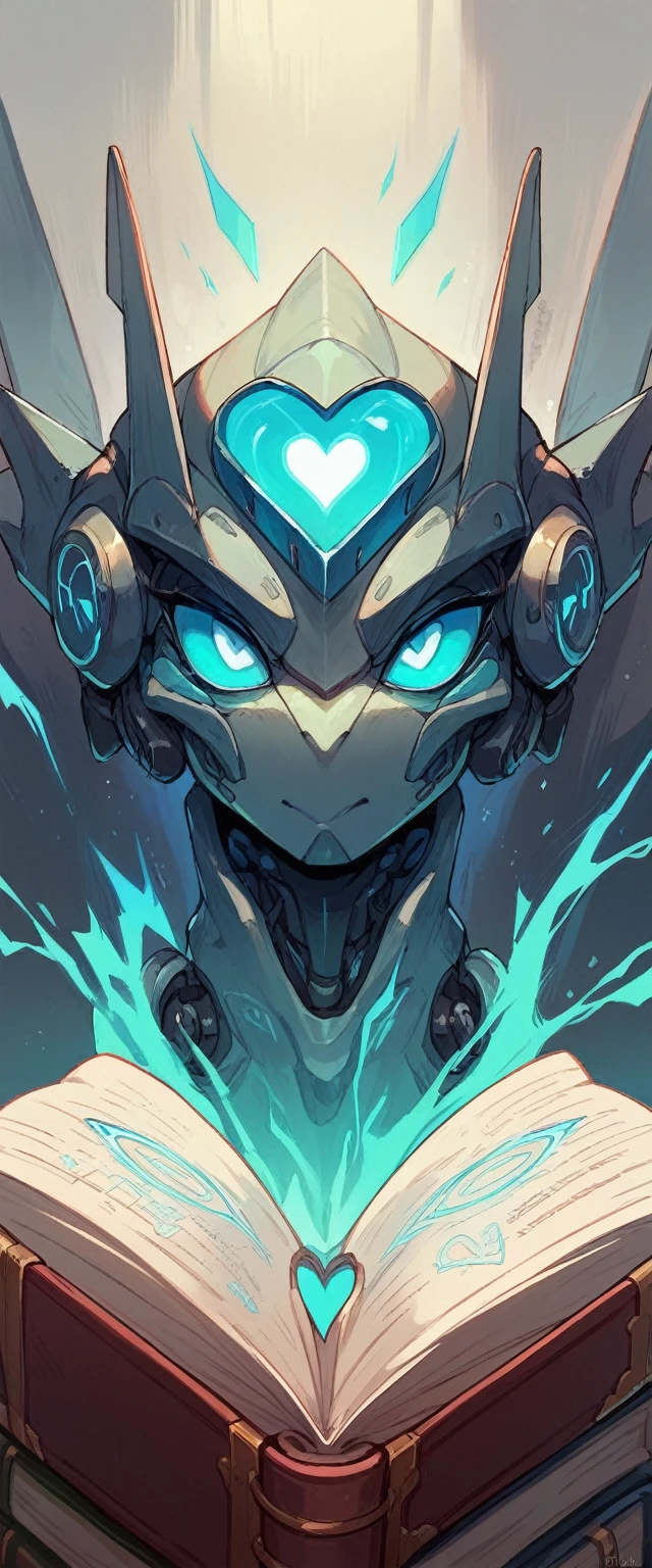 Create a book cover that has a mechanical heart, or a robotic heart that in the background there is a dystopian and destructive environment around them while the heart expels blue energy from itself 