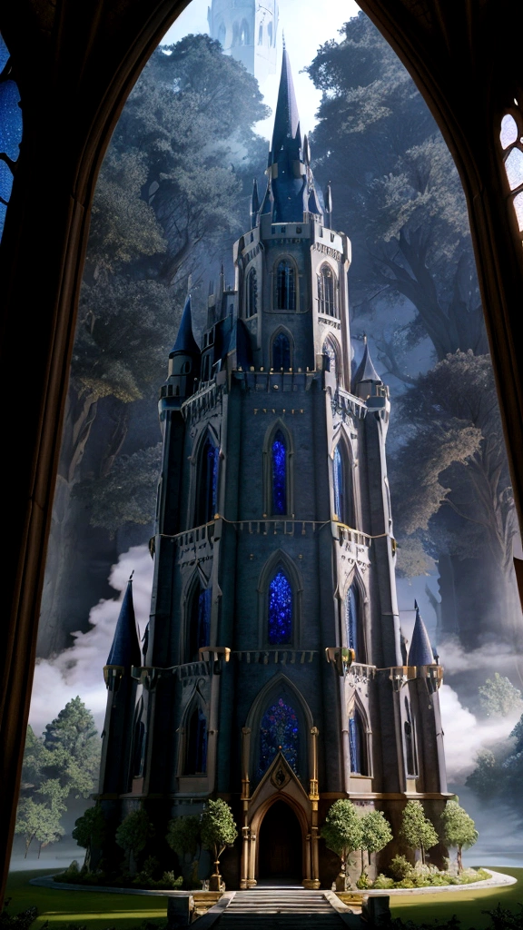 With the highest quality、Depict a fantastic CG magical castle。Create a castle with the following characteristics:：

A grand old stone castle, with tall towers, gothic arches and spires, large stained glass windows, deep forests and lakes all around the castle, and stars shining in the sky.、A misty, mysterious atmosphere with magical effects and magical lights.々With ultra-high-definition 4K images coming from、The highest quality detail and realism