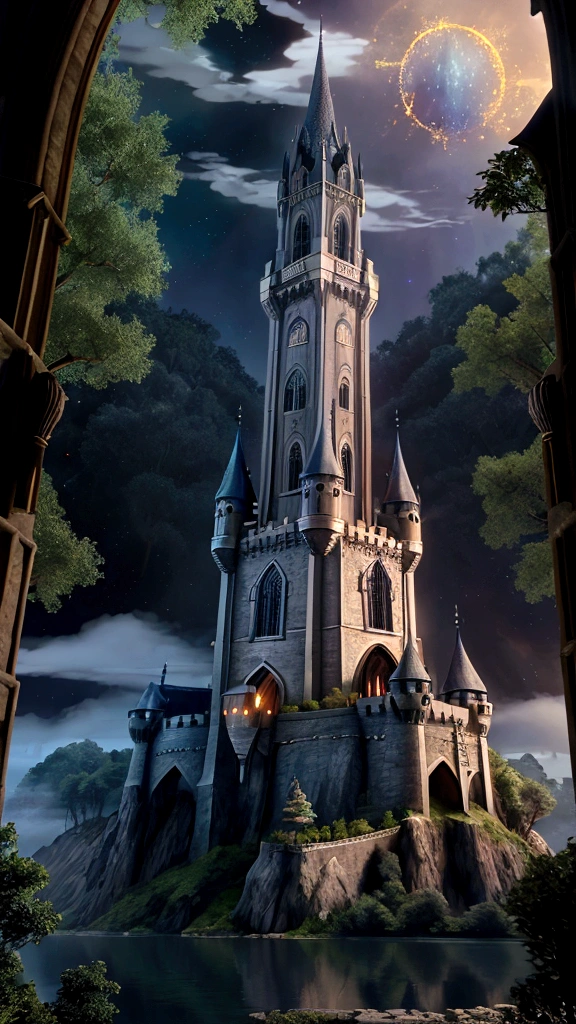 With the highest quality、Depict a fantastic CG magical castle。Create a castle with the following characteristics::
A grand old stone castle, with tall towers, gothic arches and spires, large stained glass windows, deep forests and lakes all around the castle, and stars shining in the sky.、A misty, mysterious atmosphere with magical effects and magical lights.々With ultra-high-definition 4K images coming from、The highest quality detail and realism