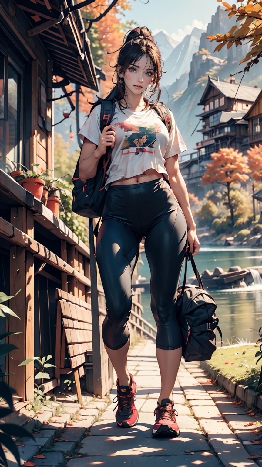 24-year-old woman、Sexy proportions、Long eyelashes、eye shadow、lipstick、Sexy、erotic、Wear a T-shirt、Wear leggings、Wear trekking shoes、Backpack、Autumn mountain trekking、Walking along the lakeside mountain path