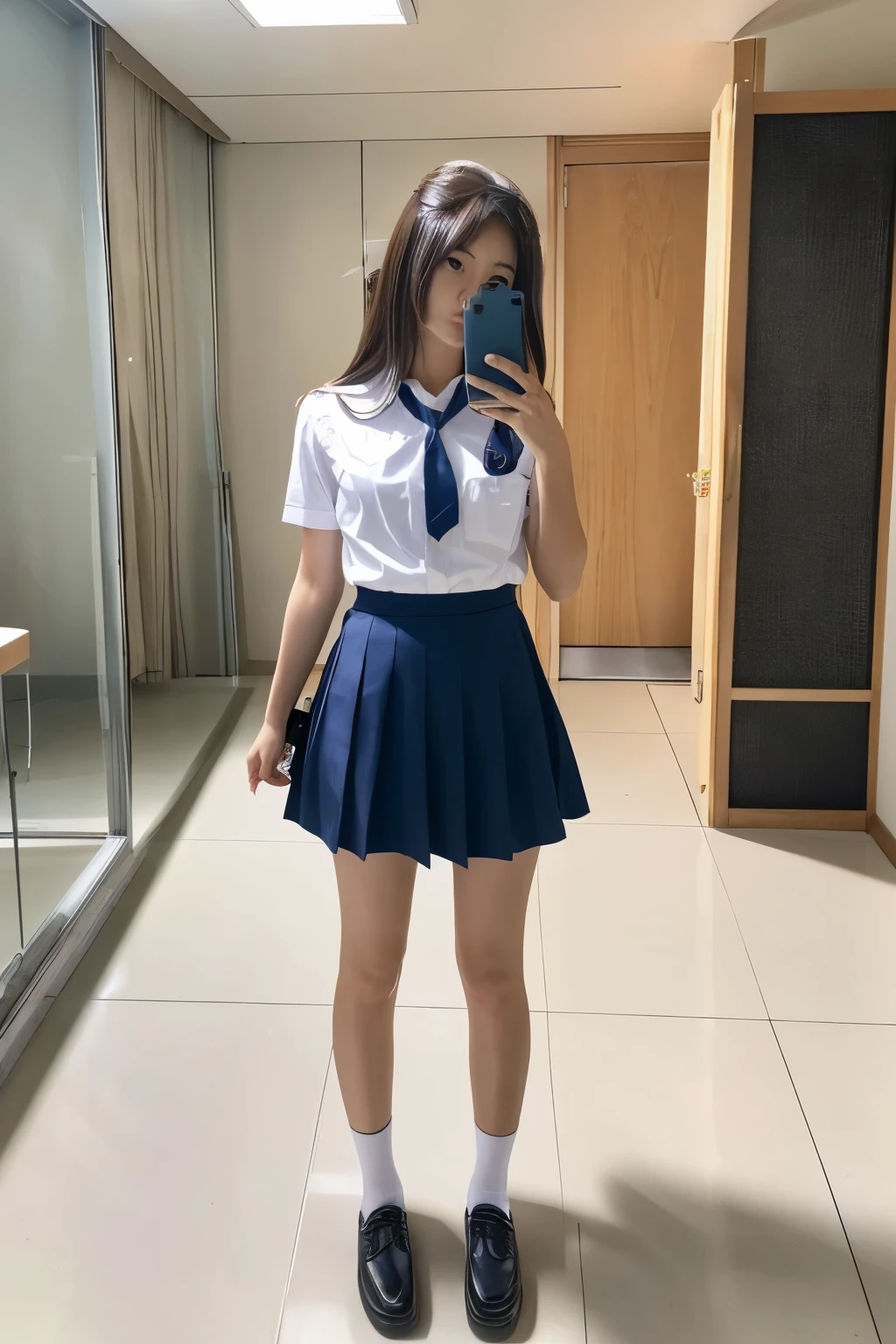 A full-body selfie photo of a pretty Japanese girl, posted on Snapchat in 2018, with smooth hair. She is wearing a summer uniform and standing from head to toe, capturing her entire figure.