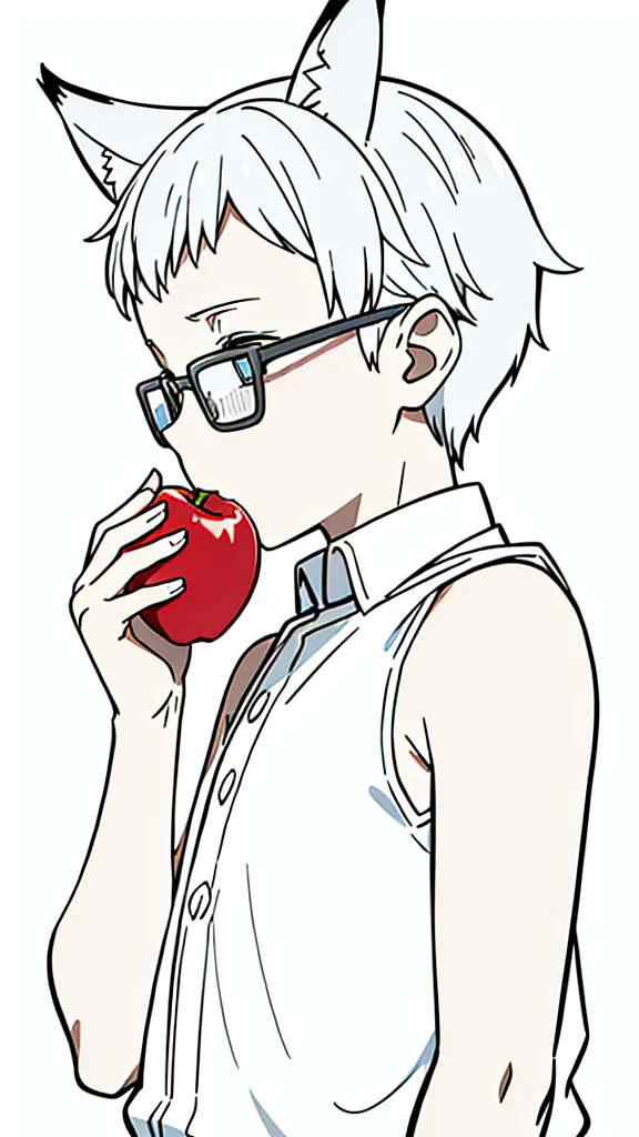 (1boy,10 years old,???),solo,happy,white hair,short hair,fox ears,white shirt,sleeveless,upper body,(white background,line drawing),white glasses,profile,eating a apple