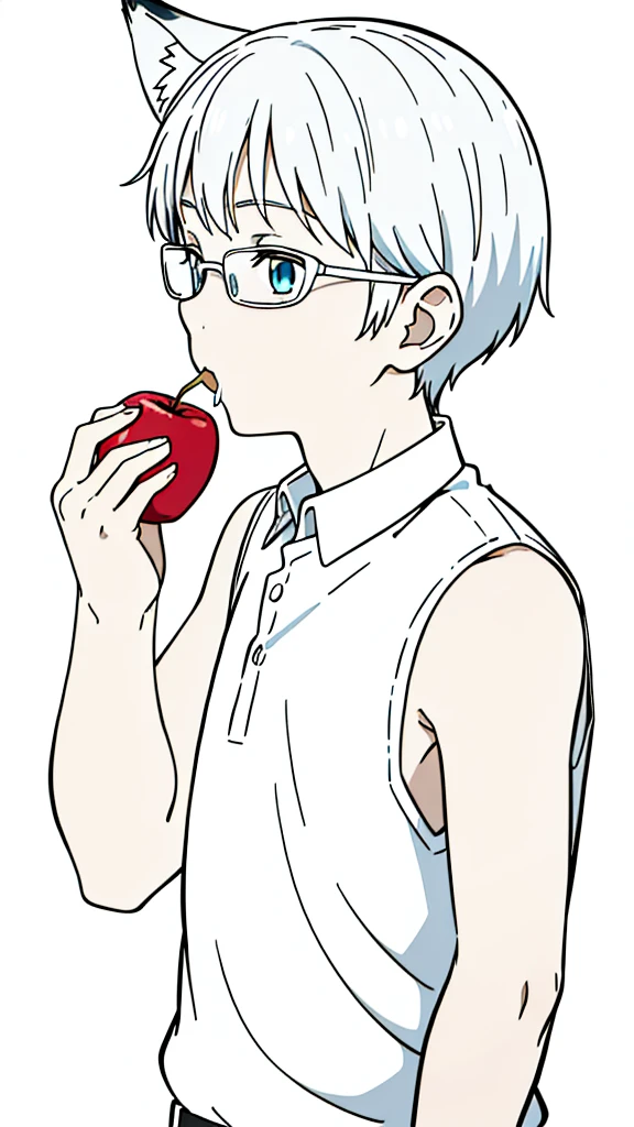 (1boy,s old,kid),solo,happy,white hair,short hair,fox ears,white shirt,sleeveless,upper body,(white background,line drawing),white glasses,profile,eating a apple