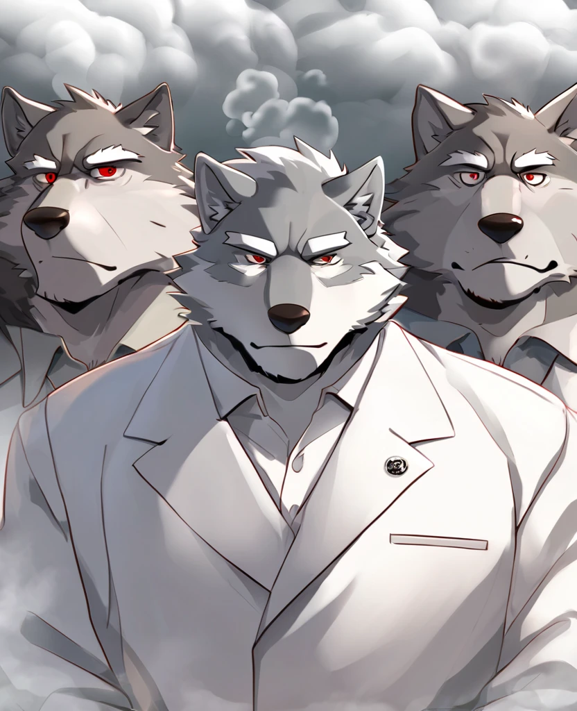 Wolf,personification,Mature male,Strong Man,Gray hair,naked,Sleepy expression,Red pupil,White eyebrows,White suit suit,Hands in pockets,The Age of Steam,Gang Base。