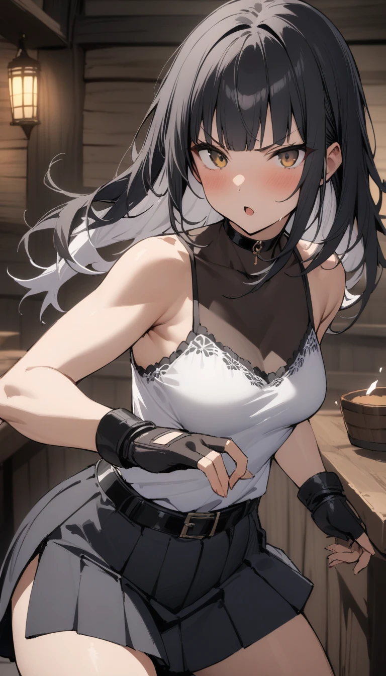 ((Highest quality)), ((masterpiece)), (detailed),cowboy shot , Rin々Policewoman small breasts Mature Woman, A black sleeveless blouse over a white inner camisole,Black choker,Black long hair Blunt bangs black pleated mini skirt black fingerless gloves V-shaped eyebrows Combat Stance Black Belt Old tavern