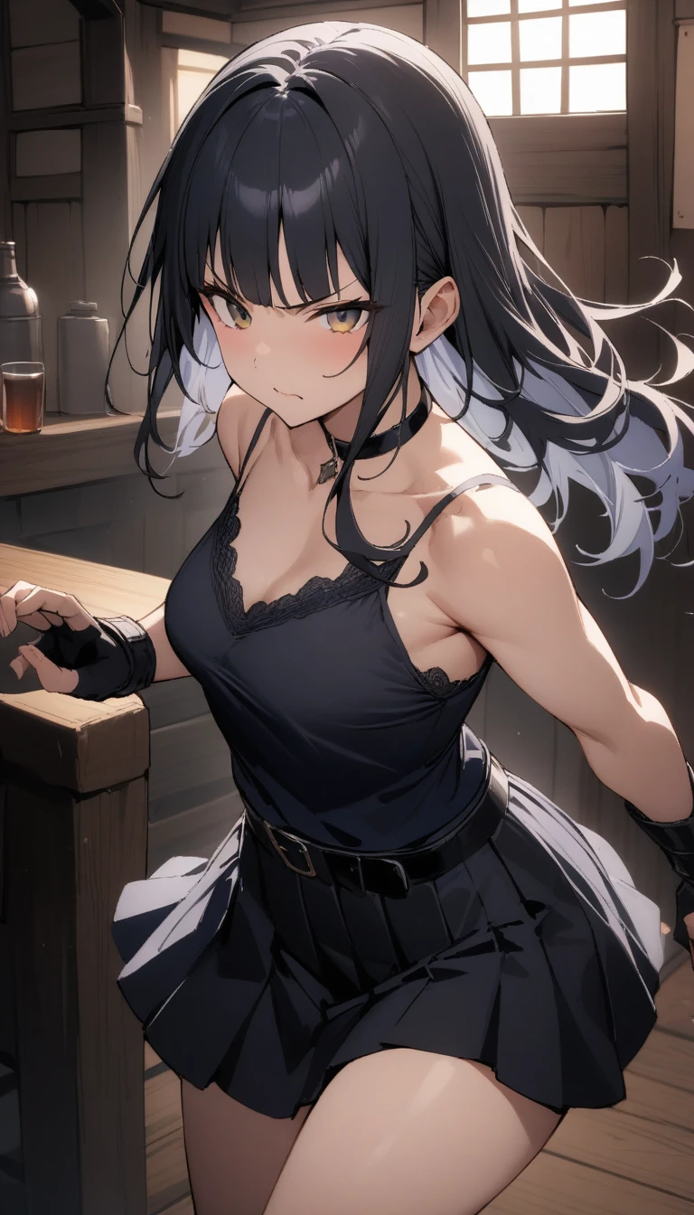 ((Highest quality)), ((masterpiece)), (detailed),cowboy shot , Rin々Policewoman small breasts Mature Woman, A black sleeveless blouse over a white inner camisole,Black choker,Black long hair Blunt bangs black pleated mini skirt black fingerless gloves V-shaped eyebrows Combat Stance Black Belt Old tavern