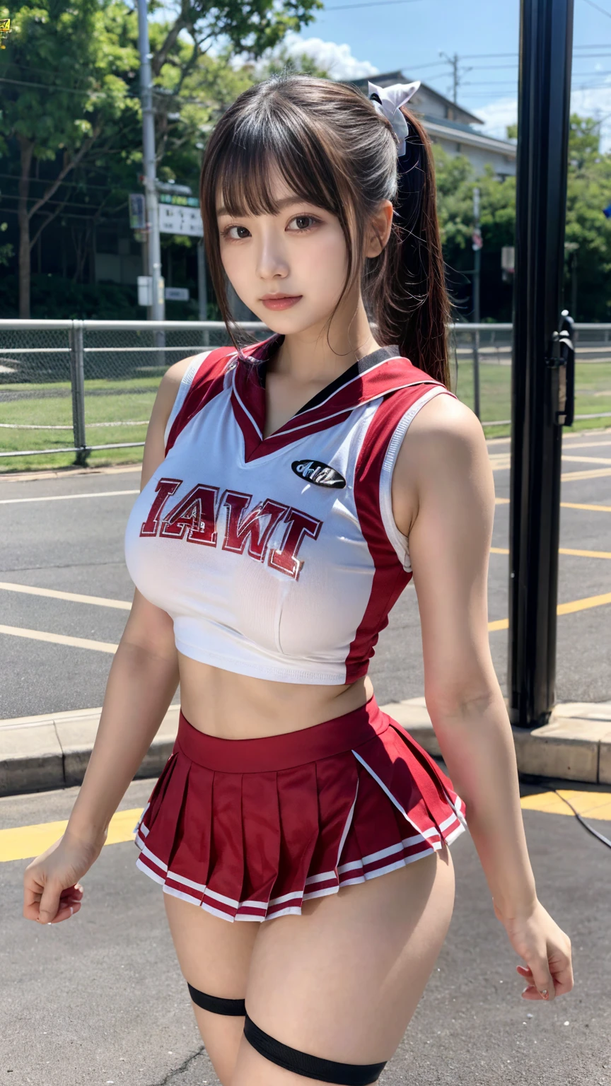 [((young attractive Asian woman:1.5)), ((Sophie Tan:1.4)), standing on a high school football field, with her back to the camera. She is wearing ((a short cheerleader skirt that has blown up, exposing her buttocks:1.2)), paired with a tight, sleeveless top and pom-poms. Her hair is styled in a high ponytail, and she has a seductive, intense gaze over her shoulder. The background features bleachers, goalposts, and a track. The scene is captured with a ((full-frame DSLR:1.2)) using a ((35mm prime lens:1.2)) to keep the woman in sharp focus while the background is slightly blurred. Post-production enhances the natural colors and adds a ((soft bokeh effect:1.1)) to the background. The image should be in ((8K resolution:1.1)) with ((hyper-realistic detail:1.3)). The backdrop highlights the football field with detailed textures of grass and bleachers. The focus is on the woman's blown-up skirt exposing her buttocks, capturing a seductive and intense vibe. Natural daylight is used with slight enhancements to create a bright and energetic atmosphere, with a ((soft bokeh effect:1.1)) on the background, enhanced vibrancy, and high contrast to make the scene pop. She is standing with one hand on her skirt, looking seductively over her shoulder, exuding confidence and allure, embodying cheerleader chic.]