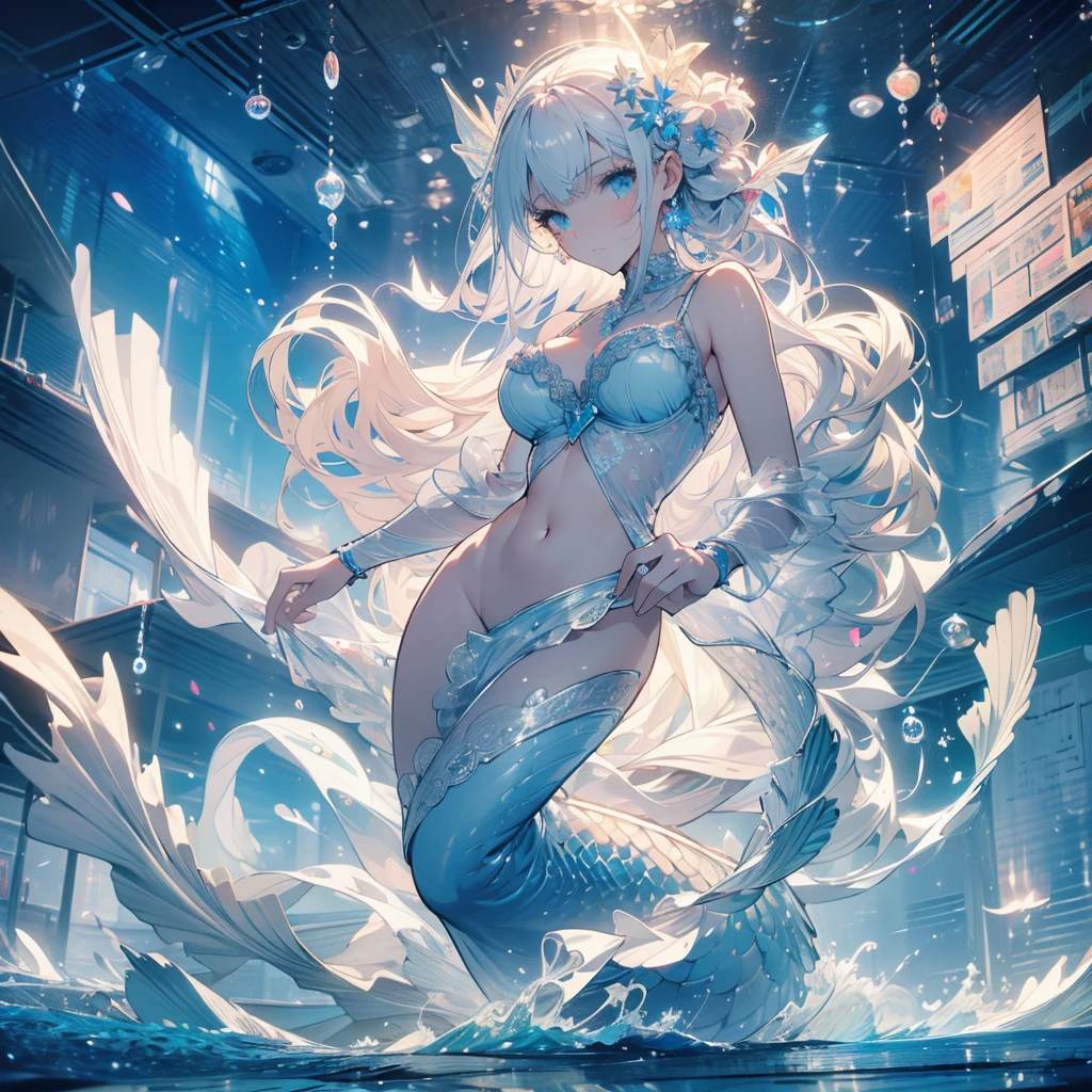 ((masterpiece, best quality)), Delicate face， Mermaid under the sea，Scales，whole body，Standing picture，Large Breasts，Gradient long wavy hair，Perfect body proportions，beautiful eyes，Extremely beautiful，transparent，Pure white background，Water Ripples，Sexy Lingerie，Lace