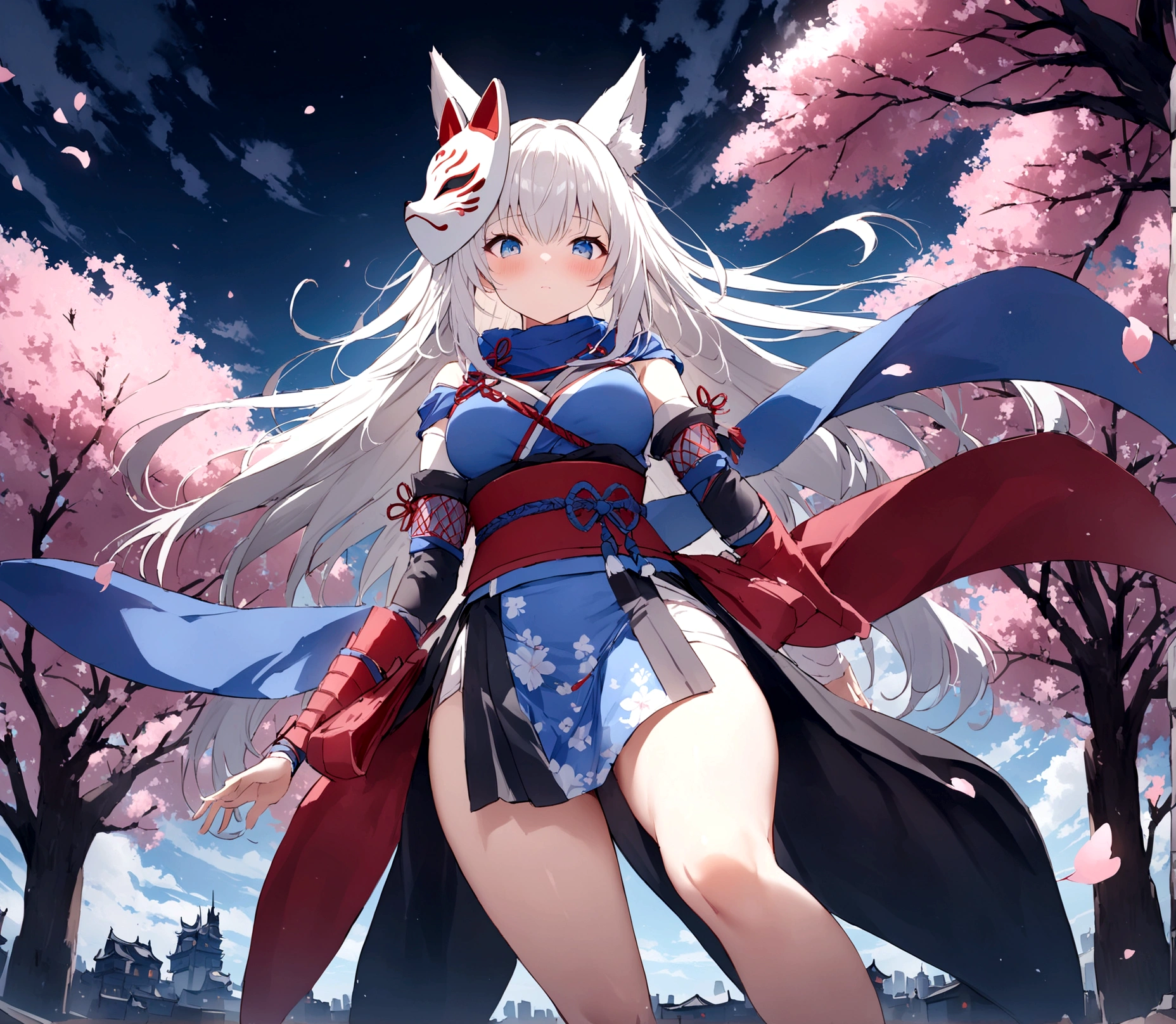 On top of the castle、Looking down from the castle tower、gauntlet、Throwing Shuriken、insert、Asahi、A magnificent view of the city from the treetops、(masterpiece, best quality:1.2), 1girl, 独奏,Wolf girl, fox mask, ninja, girl, long white hair, odd eyes, blue kimono, ninja girl, red and blue scarf,Dancing Cherry Blossoms,Full moon backlighting, light coming in, fantastic atmosphere.night、Shadows of light and darkness、Eyes glowing in the dark、Black fox mask、Fisheye Lens、Expansive starry sky、long hair that spreads、Overlooking the city from atop a large cherry tree、Aside exposure