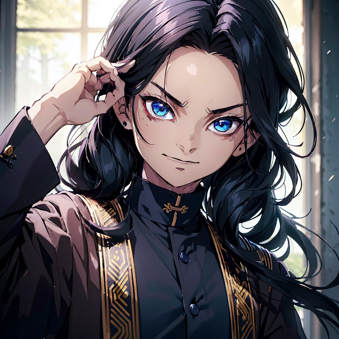 (Best Quality,ultra detailed,realist:1.37),high resolution(4k,8k),portrait,Demon Slayer character,black hair with blue,semi long hair,dark blue eyes with golden irises,,warm smile,YOUNG,sarcastic,24 years ,Kimetsu no Yaiba&#39;s distinctive style, firm installation, vibrant colors, detailed facial features, powerful aura, determined expression, katana in hand, fierce eyes, dusk scene, dramatic lighting, flowing layer, a dark yukata with gold decorations, intricate patterns, dark blue background,male gender,pale skin.