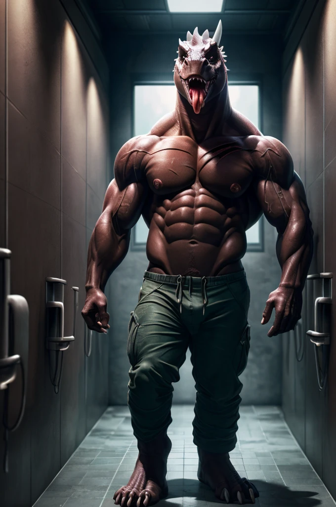 semi medium long penis flaccid foreskin, jet black tyrannosaurus (dino crisis dino stalker), men's thong down, inside public bathroom, (collective urinals metal walls), scars, veins, muscular, men's military pants fall unbuttoned, (soft shading), 4k, (pose:1.3) , testicles, only, male, (Dark shadows, Wide Dynamic Range, HDR, low light:1.2), Detailed background, shirtless, ((.RAW, Photo Realistic, Natural Lighting, NSFW, Extreme Details), ass, high detail, CHARACTER, (pose), teeth, (semi medium tongue) out, urinating in a collective wall urinals, peeing, realistic anime, (anatomically correct:1.1), ((symmetrical)), ((masterpiece)), ((best quality)), (hi res), very high resolution, very high quality, ((perfect anatomy)), bodybuilder, male_nipples, feets, (extremely detailed), big pecs:1.56), kids, shota, Highest image quality, glowing eyes, eyes red, black skin, realism, ((ultra realistic, masterpiece, cinematic lighting, extreme detail, realistic detailed scale, realistic shaders)), red tongue,
