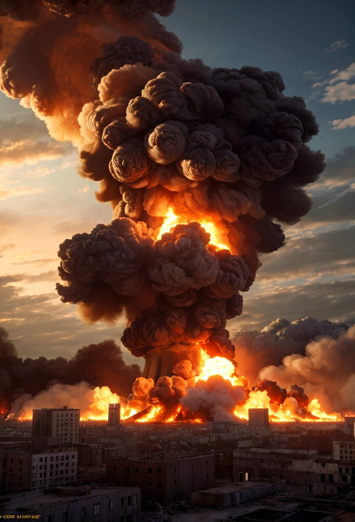 best quality, (wide shot), CGSsociety, 8K, ultra-realistic, masterpiece, nuclear explosion in a Large city ruined buildings, fire, debris