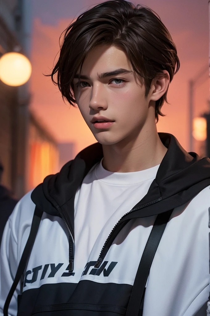 Create an image of a male teenager, looking between 16 and 18 years old, brownhair, Caucasian skin, eyes browns, wearing school jacket, Written "Crawford". The image must have the style of a digital illustration inspired by the environments of GTA V. Your expression is happy, in poor lighting. Football field school atmosphere.The image must not contain extra hands, extra fingers, mutant hands, mixed texts, repeated letters. And try to make him look like model Francisco Lachowski.