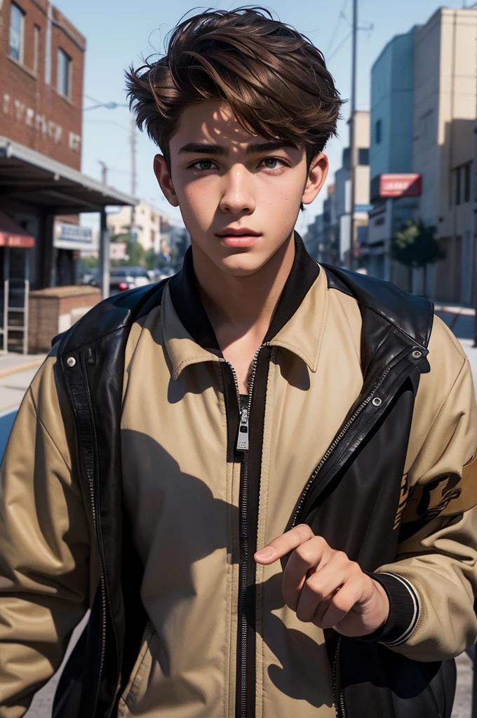 Create an image of a male ager, looking between 16 and 18 years old, brownhair, Caucasian skin, eyes browns, wearing school jacket, Written "Crawford". The image must have the style of a digital illustration inspired by the environments of GTA V. Your expression is happy, in poor lighting. Football field school atmosphere.The image must not contain extra hands, extra fingers, mutant hands, mixed texts, repeated letters. And try to make him look like model Francisco Lachowski.