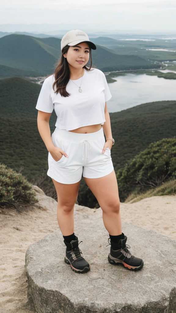 A woman shirt and panty,standing on the beach, angle face, beautiful face,round face,big cheeks, curvy, hourglass figure, arafed woman standing on top of a mountain with a hat on, hiking clothes, standing on a mountain top, standing on top of a mountain, white shorts and hiking boots, standing on mountain, at the top of a mountain, on top of a mountain, on the top of a mountain, fit pic, standing on a hill, standing in front of a mountain,