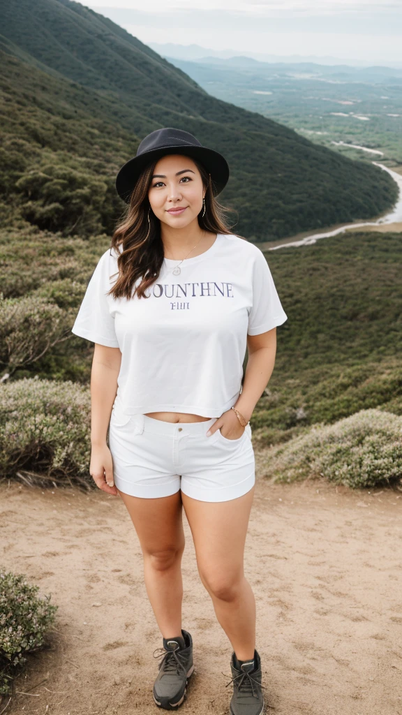 A woman shirt and panty,standing on the beach, angle face, beautiful face,round face,big cheeks, curvy, hourglass figure, arafed woman standing on top of a mountain with a hat on, hiking clothes, standing on a mountain top, standing on top of a mountain, white shorts and hiking boots, standing on mountain, at the top of a mountain, on top of a mountain, on the top of a mountain, fit pic, standing on a hill, standing in front of a mountain,