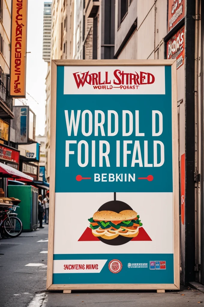 a cartoon style sign that says world street food and the background is white