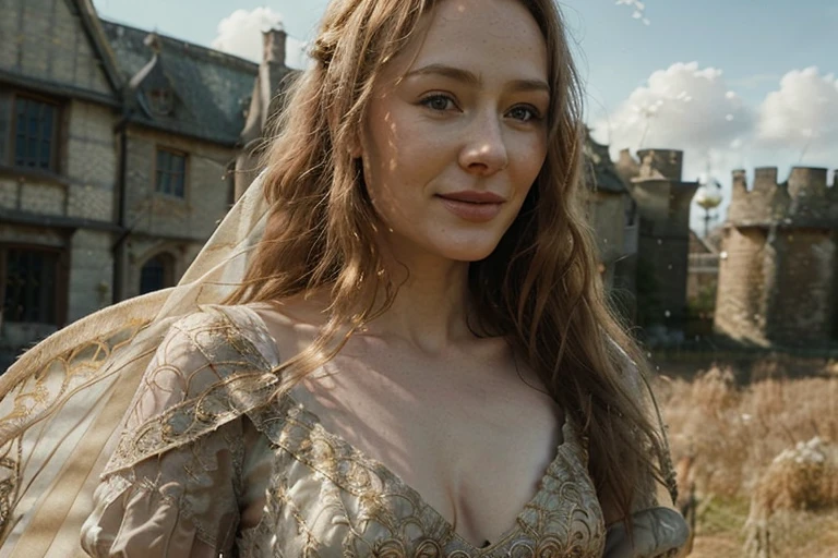 (solo 1woman, eowyn wearing rohirric wedding dress, sexy beautiful woman, intricate lace and embroidery, flowing hair, happy expression, medieval fantasy landscape, highly detailed, close-up, rohirric theme) (loving lady) (wearing golden-veil) (warm colours) (your prettiest date)