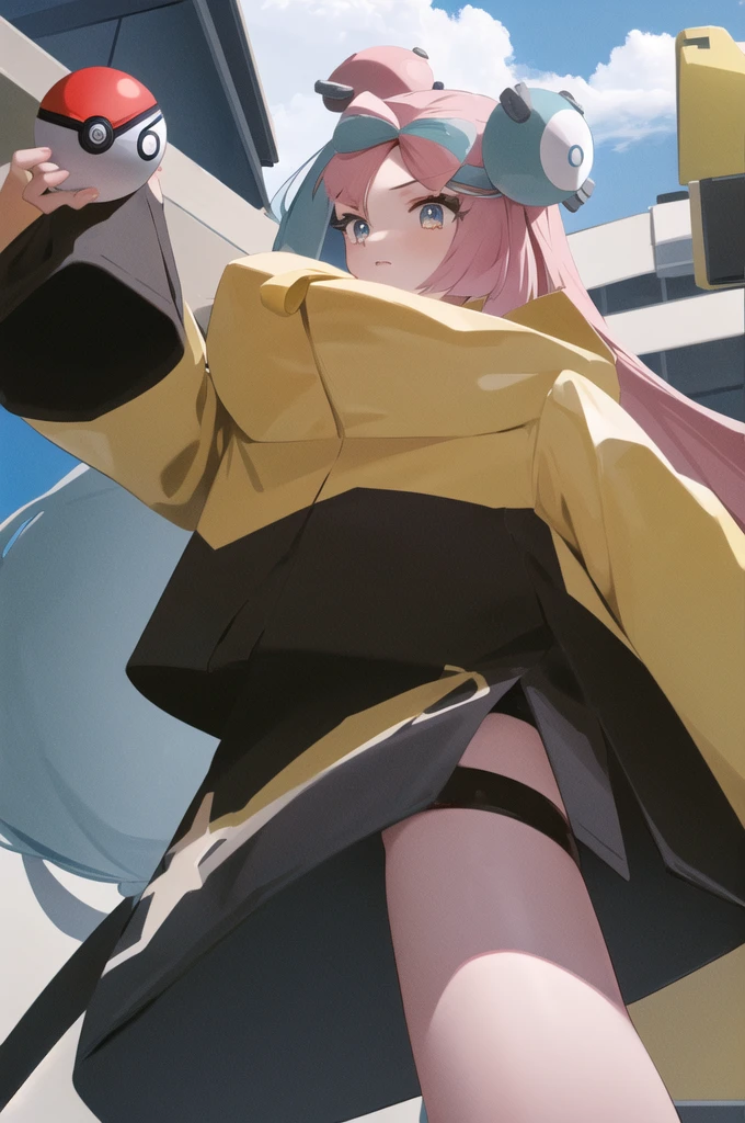 masterpiece, best quality, highres, iono1, 1girl, long hair, hair ornament, long sleeves, cowboy shot, (holding poke_ball), poke ball \(basic\),