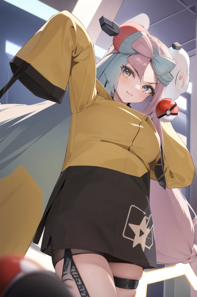 masterpiece, best quality, highres, iono1, 1girl, long hair, hair ornament, long sleeves, cowboy shot, (holding poke_ball), poke ball \(basic\),