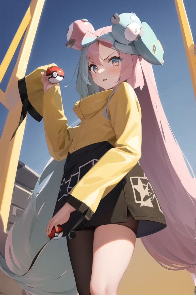 masterpiece, best quality, highres, iono1, 1girl, long hair,  hair ornament, long sleeves, cowboy shot, (holding poke_ball), poke ball \(basic\),