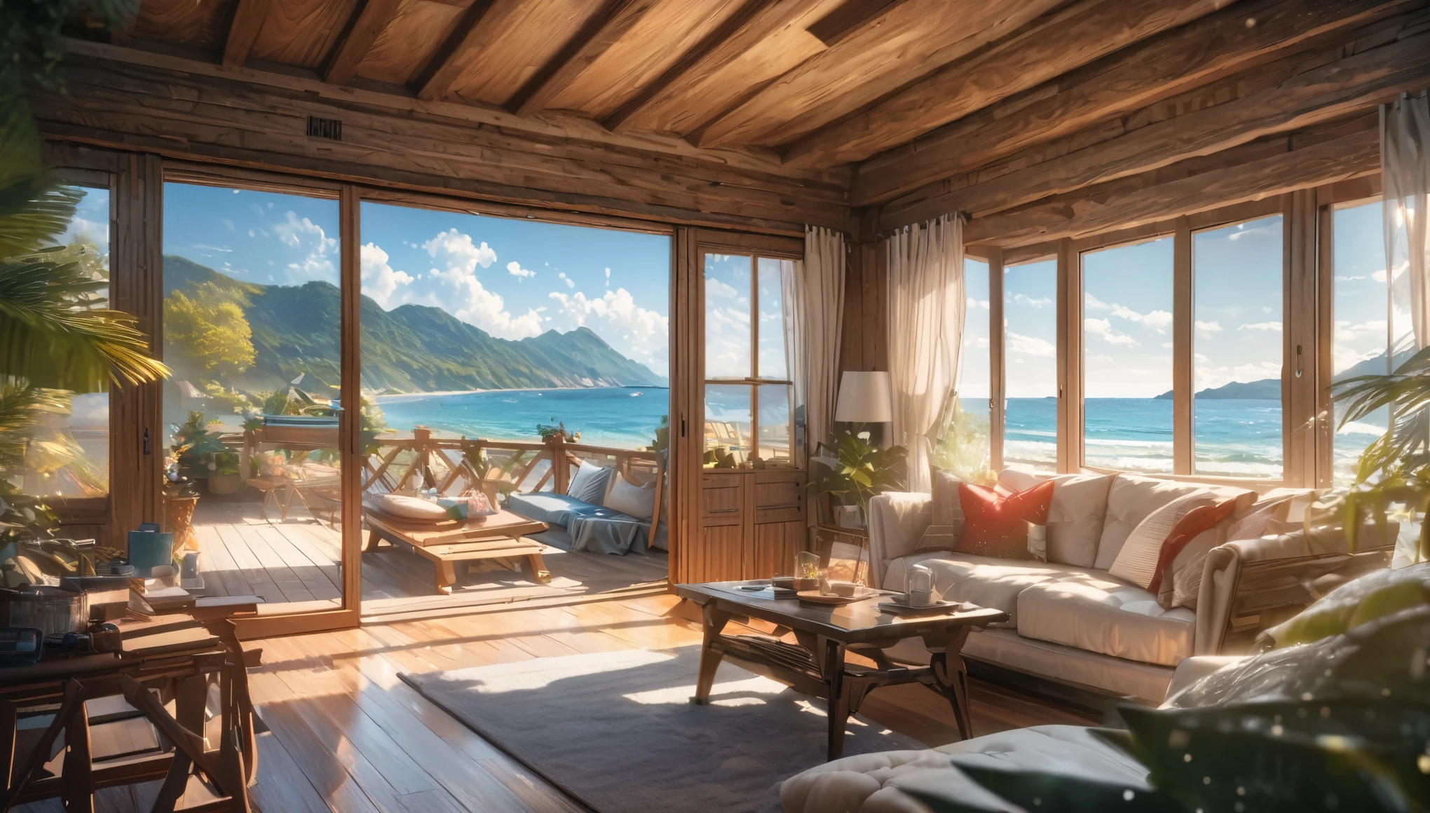 Holiday Homes, Large windows and beautiful views,Wooden Lodge,Inside the room,Blur the background,Pleasant sea breeze,Glitter effect,Highest quality, 8K, High resolution, masterpiece:1.2, Very detailed, Realistic:1.37, High resolution, 超High resolution, Ultra-fine painting, Very detailed, Professional, Vibrant colors