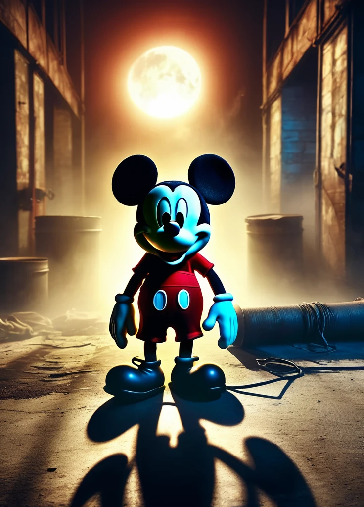 Mickey Mouse in an abandoned factory, glowing eyes, at night, best quality, 4k, 8k, highres, masterpiece:1.2, ultra-detailed, realistic, photorealistic, photo-realistic:1.37, HDR, UHD, studio lighting, ultra-fine painting, sharp focus, physically-based rendering, extreme detail description, professional, vivid colors, bokeh, dark, moody, dramatic, cinematic, eerie, unsettling, haunting, creepy, post-apocalyptic, gritty, industrial, dystopian, neon lighting, moonlight, dramatic shadows, Mickey Mouse plush toy, abandoned warehouse, rusted metal, cobwebs, dust, decaying, neglected, forgotten, glowing eyes, glowing red eyes