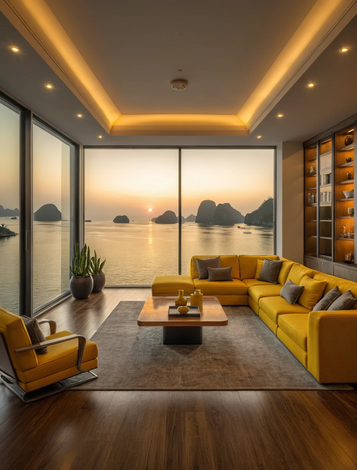 Raw photo,Masterpiece, high quality, best quality, authentic, super detail, interior, livingroom style modern, sunset, evening light, sofa, tea table, carpet, flower vase on tea table, wine bottle, tray, armchair, wine cabinet, books, glass cabinet doors, snake plant pot, downlight, windows overlooking the sunset halong bay, wooden floor,  (((green and yellow tones)))