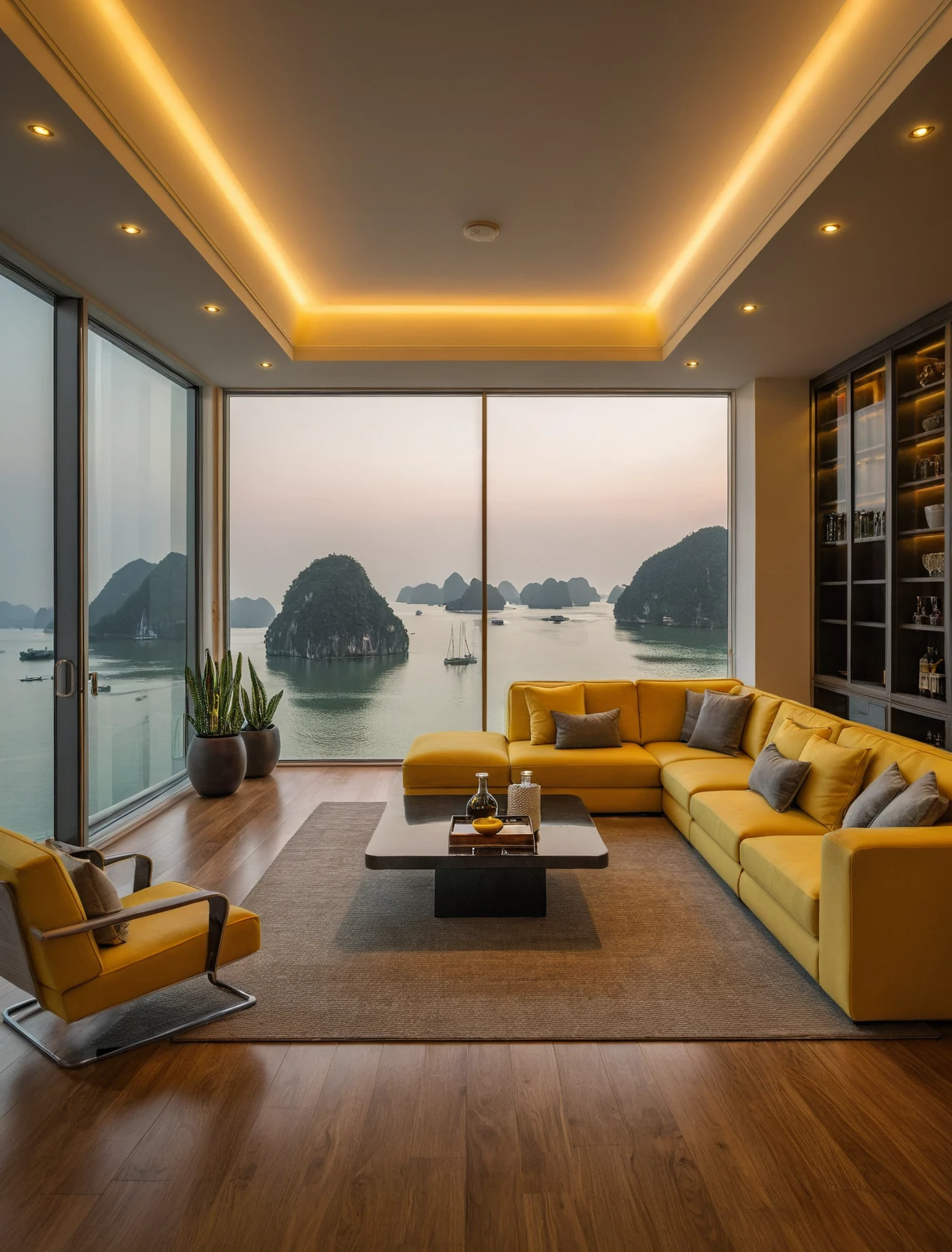 Raw photo,Masterpiece, high quality, best quality, authentic, super detail, interior, livingroom style modern, sunset, evening light, sofa, tea table, carpet, flower vase on tea table, wine bottle, tray, armchair, wine cabinet, books, glass cabinet doors, snake plant pot, downlight, windows overlooking the sunset halong bay, wooden floor, (((green and yellow tones)))