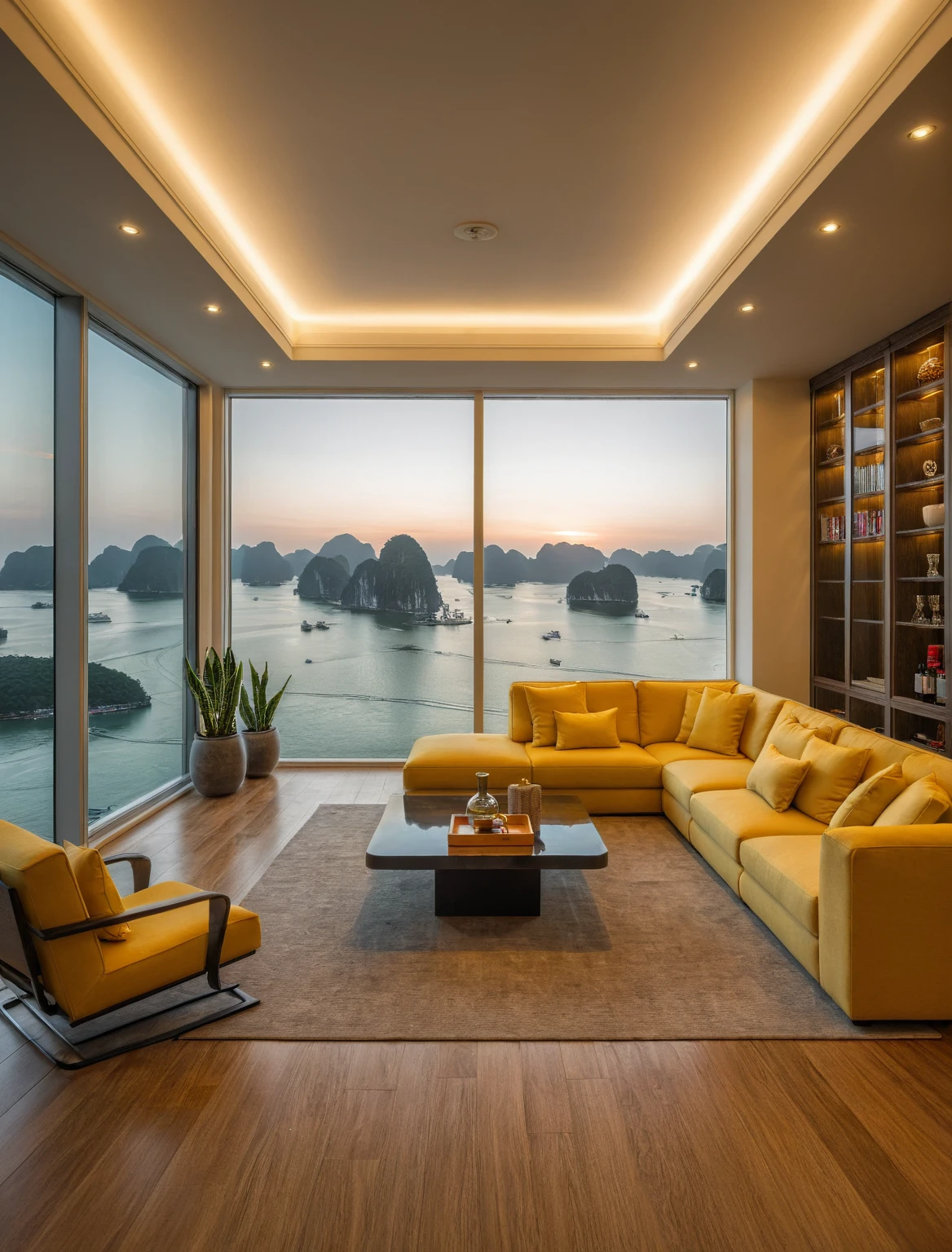 Raw photo,Masterpiece, high quality, best quality, authentic, super detail, interior, livingroom style modern, sunset, evening light, sofa, tea table, carpet, flower vase on tea table, wine bottle, tray, armchair, wine cabinet, books, glass cabinet doors, snake plant pot, downlight, windows overlooking the sunset halong bay, wooden floor, (((green and yellow tones)))