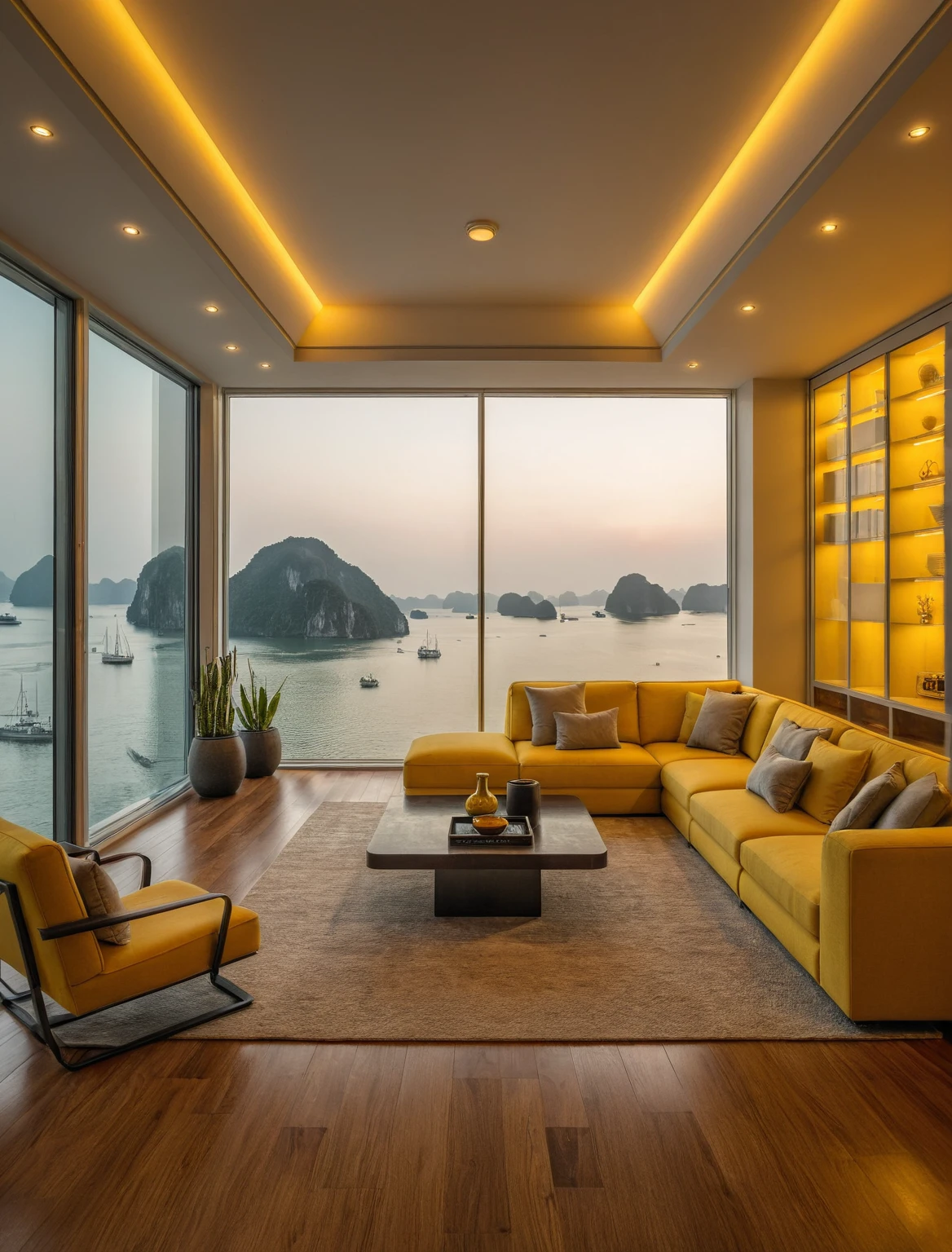 Raw photo,Masterpiece, high quality, best quality, authentic, super detail, interior, livingroom style modern, sunset, evening light, sofa, tea table, carpet, flower vase on tea table, wine bottle, tray, armchair, wine cabinet, books, glass cabinet doors, snake plant pot, downlight, windows overlooking the sunset halong bay, wooden floor,  (((green and yellow tones)))