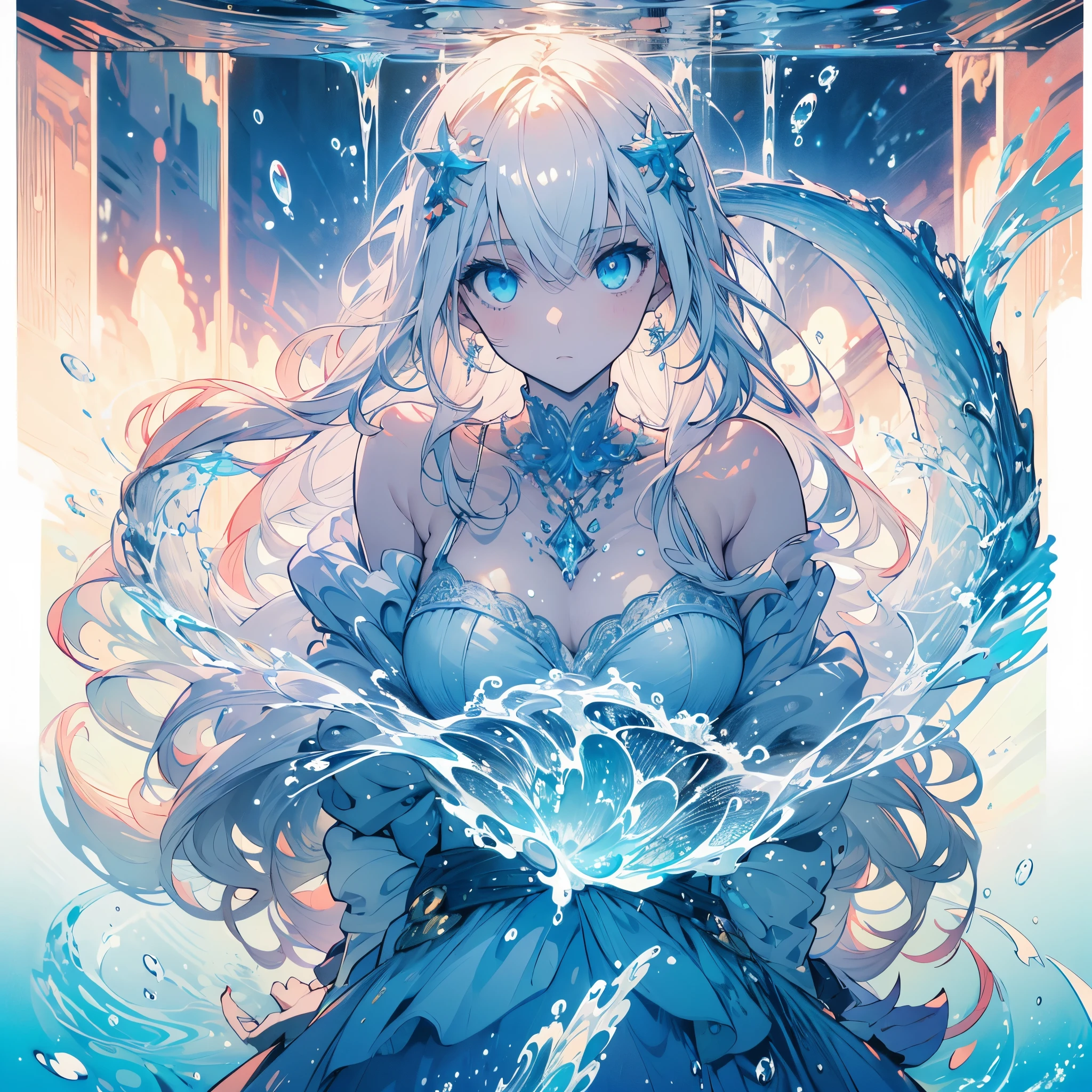 ((masterpiece, best quality)), Delicate face， Mermaid under the sea，whole body，Standing picture，Large Breasts，Gradient long wavy hair，Perfect body proportions，beautiful eyes，Extremely beautiful，transparent，Pure white background，Water Ripples，Sexy Lingerie，Lace