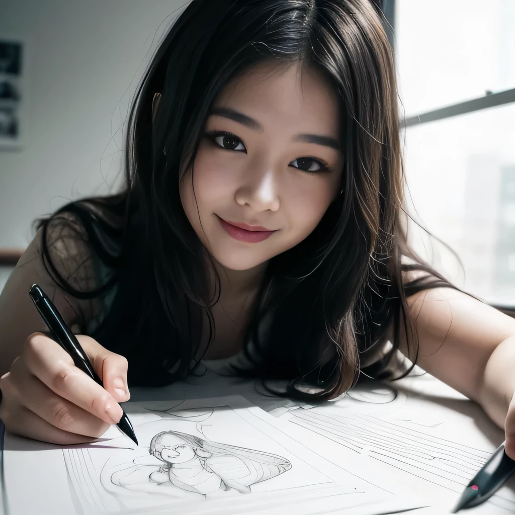 1girl, long hair, (chubby:0.3), (((Thick Lines))) , ((((Character Sketch )))),(Black and White Pen and Ink Drawing:1.2), High Abstract, Minimalist Style, Thick Lines, Smooth Lines, Clean, Perfect Composition, High Contrast, Strong Black and White Contrast, BREAK 1girl, laugh, realistic 8k wallpaper,masterpiece, best quality, ultra high res, (shadow, ray tracing:1.3)