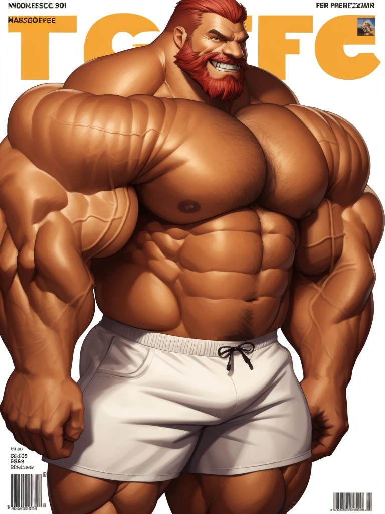 magazine cover. solo, 1boy, perfect anatomy, perfect proportion, smile, grinning, big eyes, happy. Huge Muscular Old man with short hair ,(white shorts), view from side, pectoral, thick arms, huge pectoral, wide pectoral, gold teeth, red hair, white beards, simple background, masterpiece, semirealistic:1.2, high detailed, 8k, high resolution, perfect center, full view. ((really big muscle, massive muscular, sixpack, thick arms, wide pectoral, super huge muscle, hyper muscular, over sized muscle, huge arms, big arms, huge pectoral))