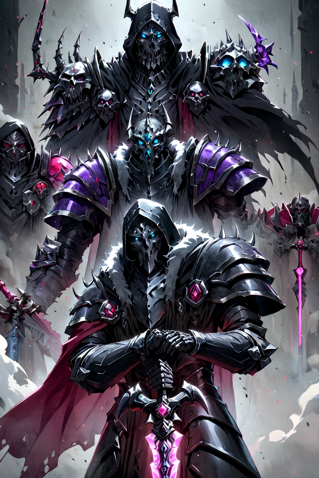 score_9, score_8_up, score_7_up, a skeleton death knight walking through ebony smoke, neon ruby eyes, smoke coming from its mouth, upper body, looking at the viewer, black cloak, black armor, ruby ornaments, neon ornaments, ruby cape, black hood, neon sword, ruby sword, holding the sword, dark,
