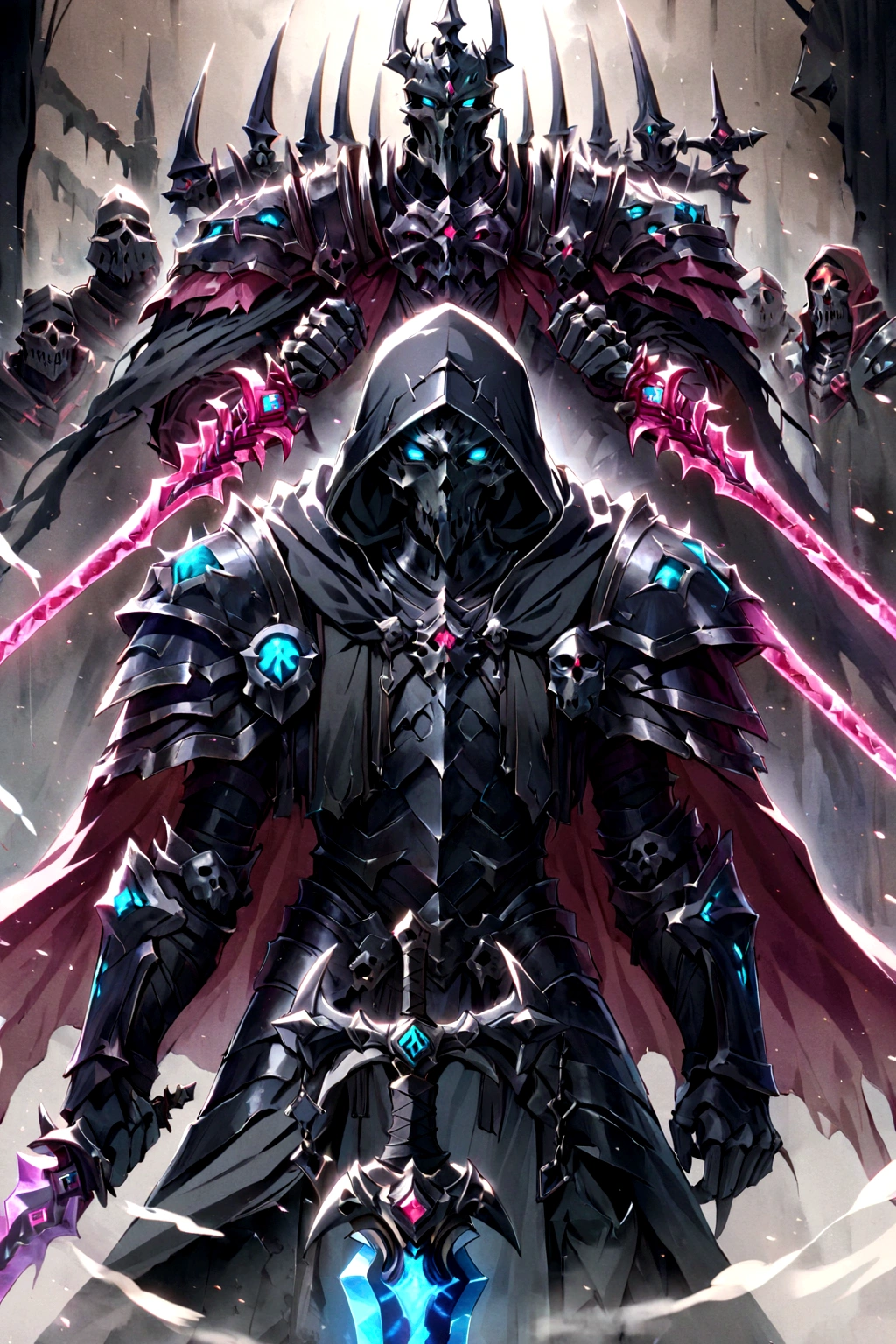 score_9, score_8_up, score_7_up, a skeleton death knight walking through ebony smoke, neon ruby eyes, smoke coming from its mouth, upper body, looking at the viewer, black cloak, black armor, ruby ornaments, neon ornaments, ruby cape, black hood, neon sword, ruby sword, holding the sword, dark,