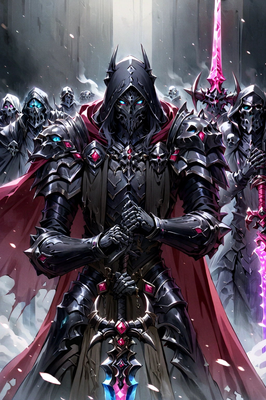 score_9, score_8_up, score_7_up, a skeleton death knight walking through ebony smoke, neon ruby eyes, smoke coming from its mouth, upper body, looking at the viewer, black cloak, black armor, ruby ornaments, neon ornaments, ruby cape, black hood, neon sword, ruby sword, holding the sword, dark,